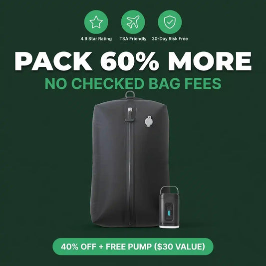 Vacuum compression travel bag with included portable air pump, hero product shot